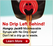 Hungry Jack Microwavable Syrup comes in a microwavable bottle with stay-cool handle
